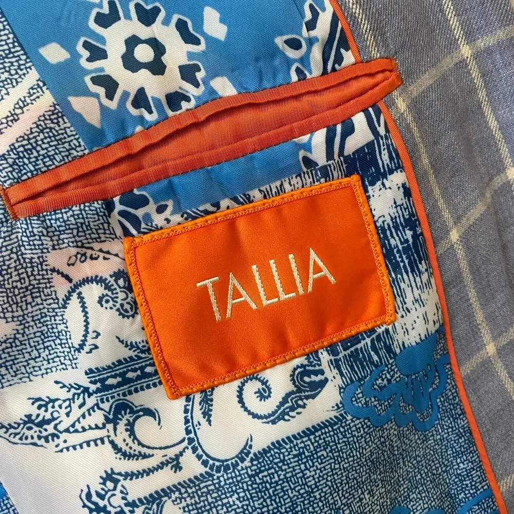 Tallia Mens Windowpane Plaid Elbow Patch Linen Blazer Sport Coat 38R Blue Check - Picture 6 of 14